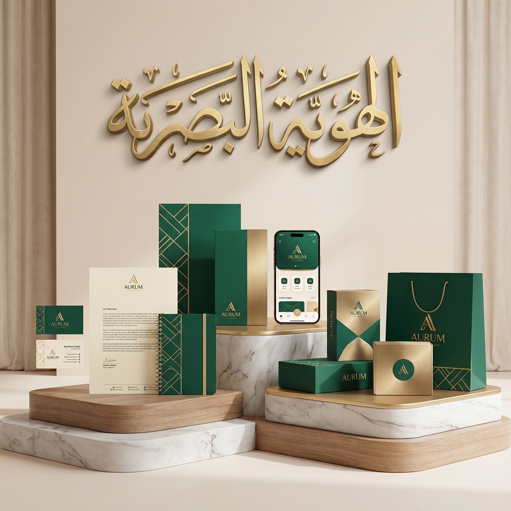 تصور ثلاثي الأبعاد لهوية بصرية متكاملة تشمل الشعار والمطبوعات والواجهات الرقمية