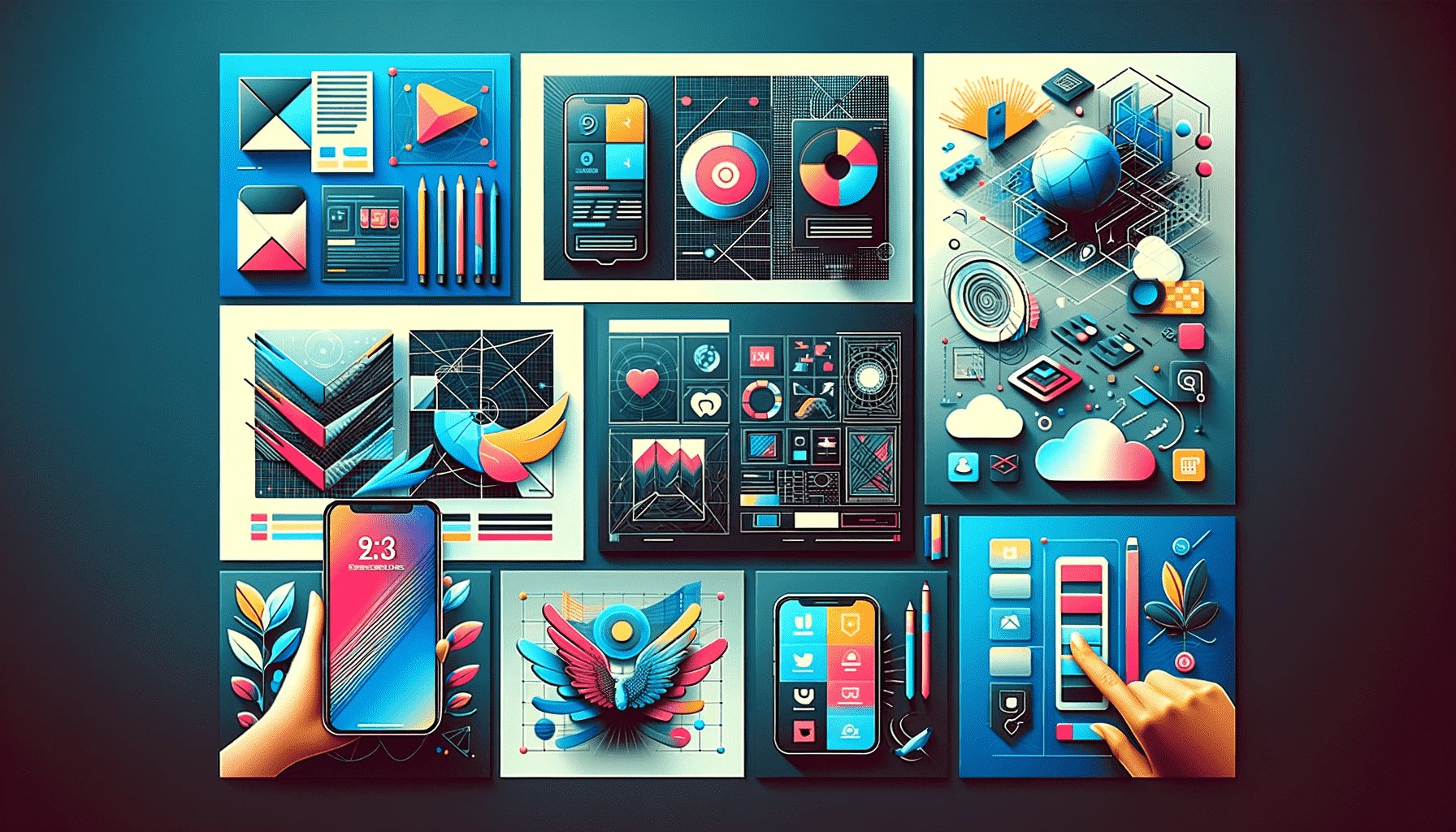 كولاج يعرض مخرجات التصميم الرقمي مثل واجهات مواقع، شاشات تطبيقات، عناصر واجهة المستخدم، وتصاميم تفاعلية